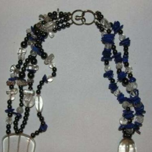 Lapis Lazuli Hematite Carved Clear Quartz Chip Bead Necklace Torsade